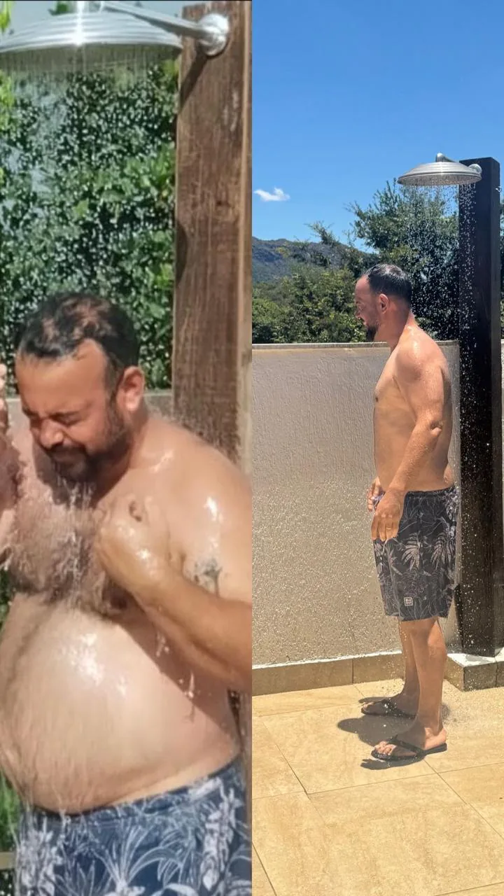 Montagem de antes e depois do Henrique emagrecendo com acompanhamento médico, ainda antes de treinar com o Igor. À esquerda, embaixo de um chuveiro, com a barriga bem mais volumosa. À direita, já mais magro, em um chuveiro ao ar livre